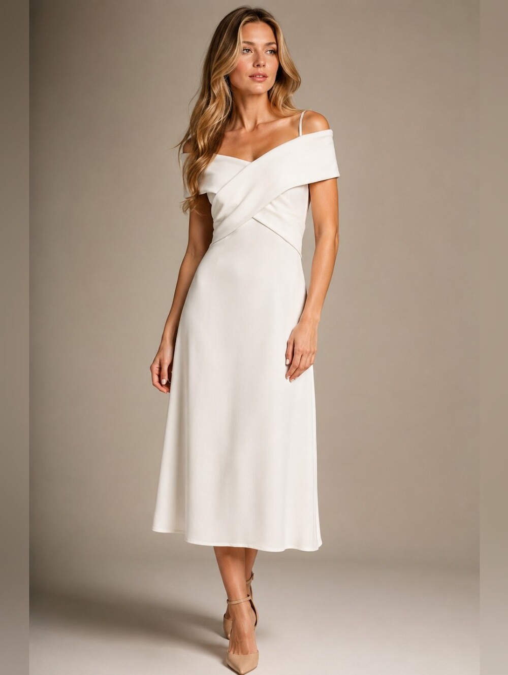 NWT ✨ Donna Karan New York Cream Off-the-Shoulder Midi Dress Size 8